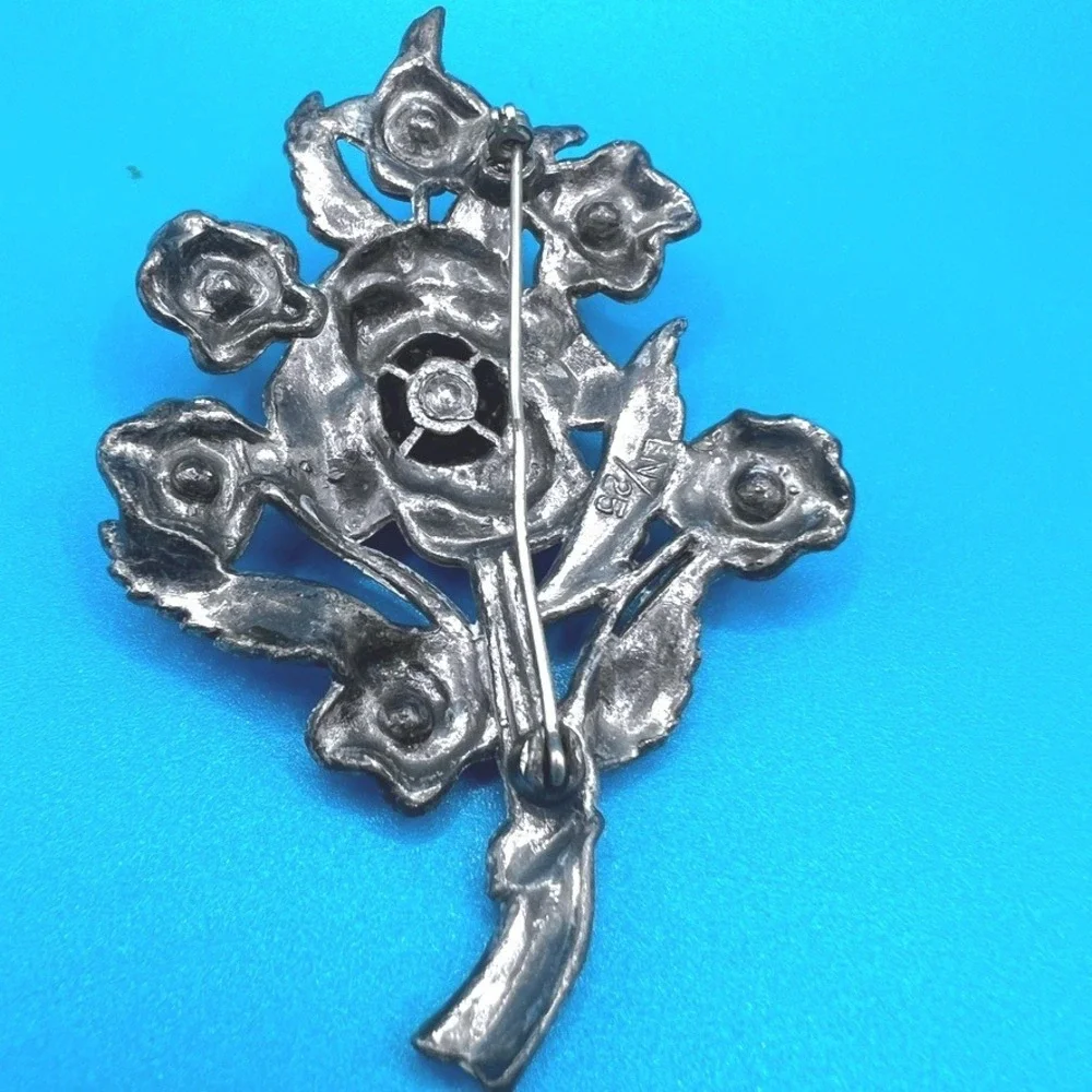 Vintage Little Nemo Pot Metal Brooch Large Blue Rhinestones Floral ‎ 3.25